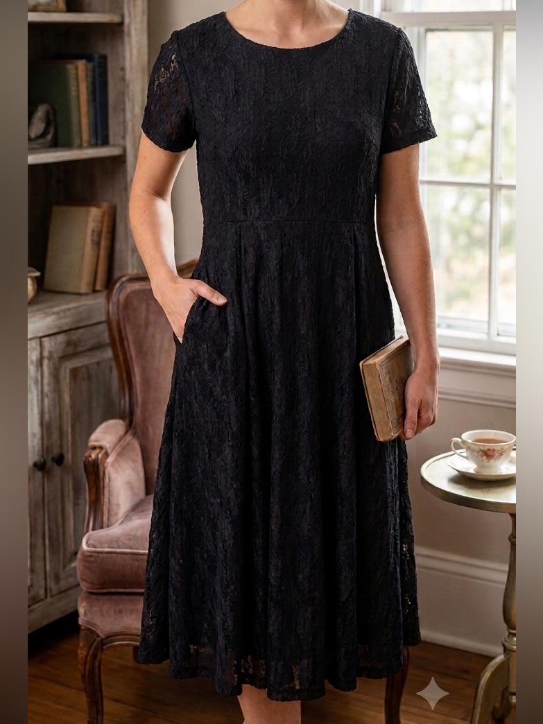 Vintage Jessica Collection Black Floral Lace Short Sleeve Midi Dress
